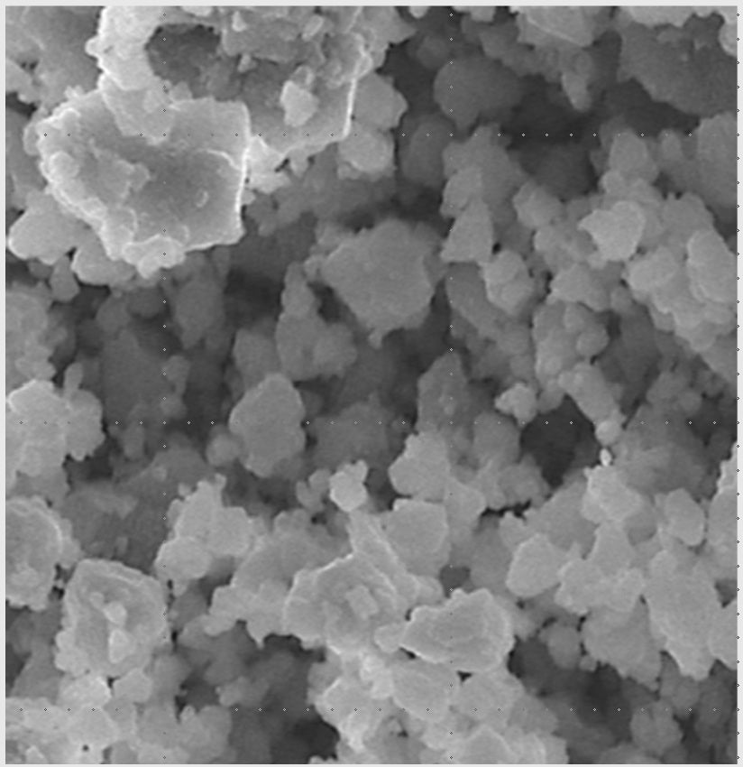 A grayscale SEM image showing a close-up of irregularly shaped powder or granular material with porous, clumpy morphology.